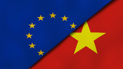 The flags of European Union and Vietnam. News, reportage, business background. 3d illustration