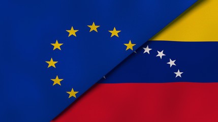 The flags of European Union and Venezuela. News, reportage, business background. 3d illustration