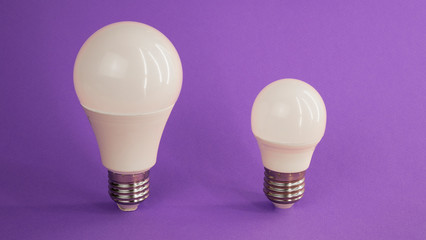two light bulbs of different sizes stand on a purple background