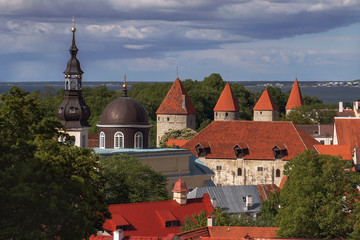Top view of old Tallinn from the observation deck. Famous and beautiful view of the old town with watchtowers. Summer season in Estonia.
