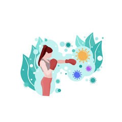 Boxer girl in gloves fighting off coronavirus. Illustration in a flat style. Vector.