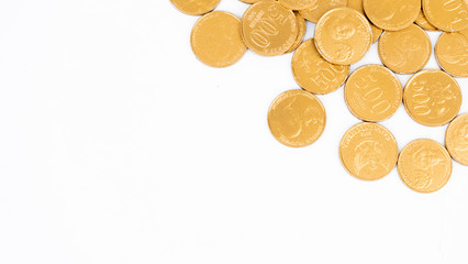 Top view of golden coins with copy space