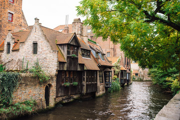 Fototapeta na wymiar fabulous medieval houses standing right on the canal next to the Boniface bridge Bonifaciusbrug .