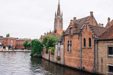 Bruges, Belgium. Morning view of the Church of our lady Vrouwekerk in Bruges