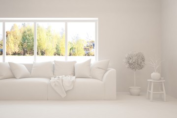 White minimalist living room with sofa. Scandinavian interior design. 3D illustration