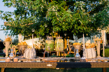 Lemonade buffet. Wedding area decoration. Preparations for the wedding day.
