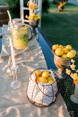 Lemonade buffet. Wedding area decoration. Preparations for the wedding day.