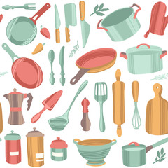 Kitchenware and utensils. Cooking flat hand drawn seamless pattern.