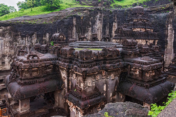 Fototapeta na wymiar The wonder of Kailasa the Cave no. 16 of Ellora cave, a rock-cut monolithic temple. Ellora temple is religious complex with Buddhist, Hindu and Jain cave temples and monasteries, India
