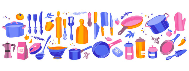 Set of kitchenware and utensils hand drawn vector illustrations.