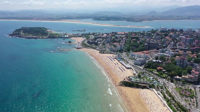 Day aerial cityscape of Santander coast with sand beach, Cantabria,  Spain 