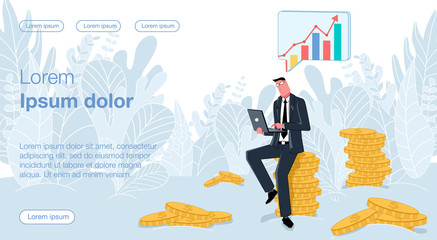 Businessman in a business suit sitting on a stack of coins studying work schedules on a laptop. Vector illustration demonstrates online earnings and distance work and business.

