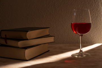 Copa de vino acompañada de unos libros con la luz de la venta entrando por un costado