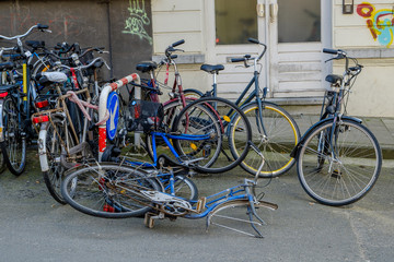 Fototapeta na wymiar Bicycles in a pile, in the street, Ghent, Belgium