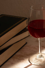 Copa de vino acompañada de unos libros con la luz de la venta entrando por un costado