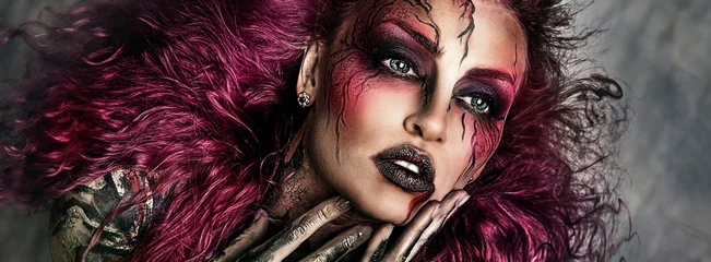 Schließen Sie herauf Porträt der sexy schönen Hexe mit Halloween-Make-up. Schönes fliegendes rosa Haar. Professionelle kreative Gesichtsbemalung © VladislavNice