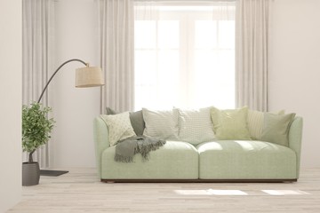 White living room with sofa. Scandinavian interior design. 3D illustration