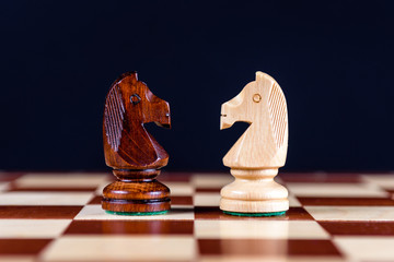 white and black chess knights stand on a chessboard on a black background and look at each other © Chabanenko Maksim