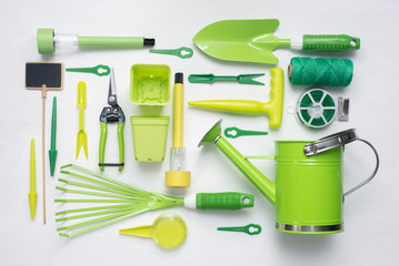 Gardening equipment on white wooden background.