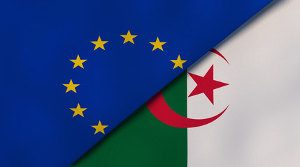 The flags of European Union and Algeria. News, reportage, business background. 3d illustration