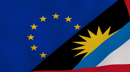 The flags of European Union and Antigua and Barbuda. News, reportage, business background. 3d illustration