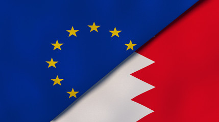 The flags of European Union and Bahrain. News, reportage, business background. 3d illustration