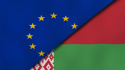 The flags of European Union and Belarus. News, reportage, business background. 3d illustration
