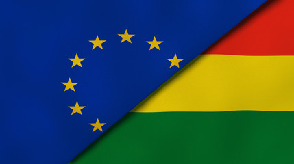 The flags of European Union and Bolivia. News, reportage, business background. 3d illustration