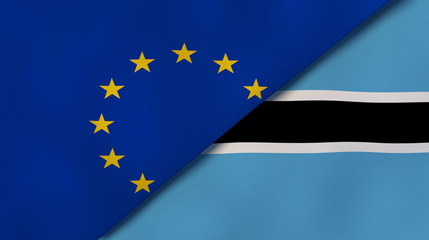 The flags of European Union and Botswana. News, reportage, business background. 3d illustration