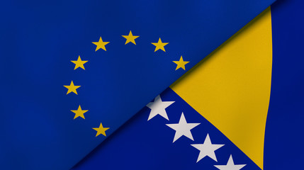 Fototapeta The flags of European Union and Bosnia and Herzegovina. News, reportage, business background. 3d illustration obraz