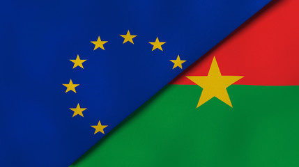 The flags of European Union and Burkina Faso. News, reportage, business background. 3d illustration