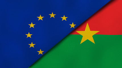 The flags of European Union and Burkina Faso. News, reportage, business background. 3d illustration