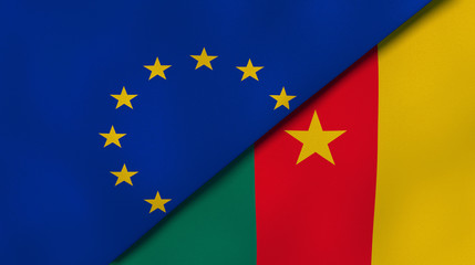 The flags of European Union and Cameroon. News, reportage, business background. 3d illustration