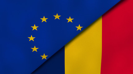 The flags of European Union and Chad. News, reportage, business background. 3d illustration