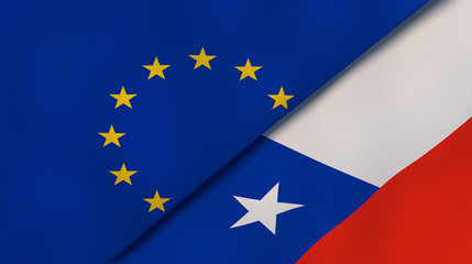 The flags of European Union and Chile. News, reportage, business background. 3d illustration