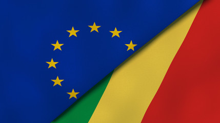 The flags of European Union and Congo. News, reportage, business background. 3d illustration