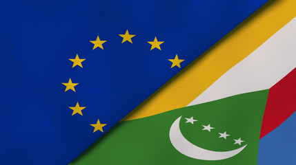 The flags of European Union and Comoros. News, reportage, business background. 3d illustration