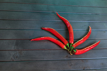 Red chili pepper on a wooden table in dark color. Contrast of warm red pepper and cold dark boards