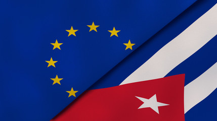 The flags of European Union and Cuba. News, reportage, business background. 3d illustration