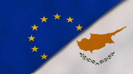 The flags of European Union and Cyprus. News, reportage, business background. 3d illustration