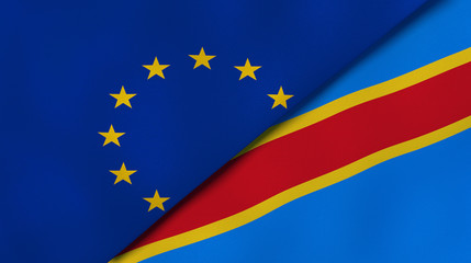 The flags of European Union and DR Congo. News, reportage, business background. 3d illustration
