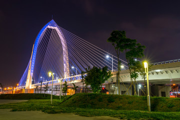 Nightscape of new landmark Konan Ai-Qin Bridge in Taichung City, Taichung Central Park at the Xitun District Shuinan Economic and Trade Area. The second largest park in Taiwan