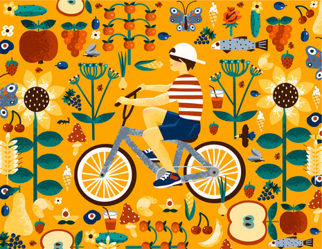 Vector illustration with a boy on a bicycle and summer objects: apples, pears, cherries, flowers. Picture for books, cards, notepad, t-shirts.
