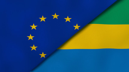 The flags of European Union and Gabon. News, reportage, business background. 3d illustration