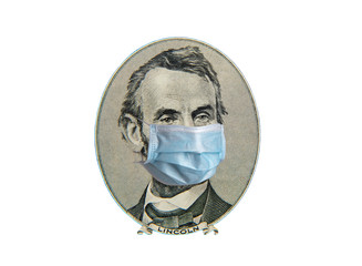 Portrait of President America Lincoln in a medical mask.
