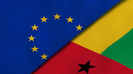 The flags of European Union and Guinea Bissau. News, reportage, business background. 3d illustration