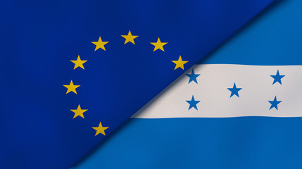 The flags of European Union and Honduras. News, reportage, business background. 3d illustration