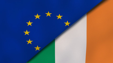 The flags of European Union and Ireland. News, reportage, business background. 3d illustration