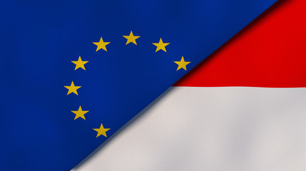 The flags of European Union and Indonesia. News, reportage, business background. 3d illustration