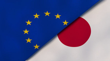 The flags of European Union and Japan. News, reportage, business background. 3d illustration